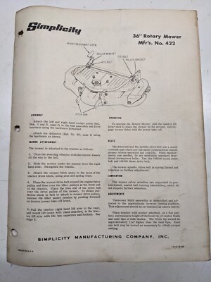 Simplicity 36" Rotary Mower Parts List & Operation Manual Book 422