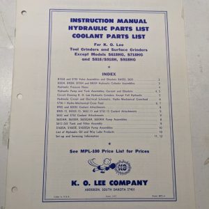 K O Lee Instruction Manual Hydraulic Parts List Coolant Grinders Hpl-3 1977