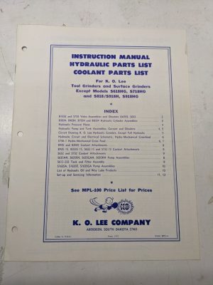 K O Lee Instruction Manual Hydraulic Parts List Coolant Grinders Hpl-3 1977
