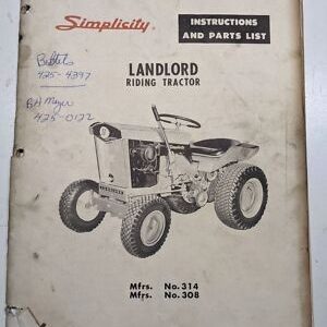 Simplicity Landlord Tractor 314 308 Instructions Operator Manual Part List