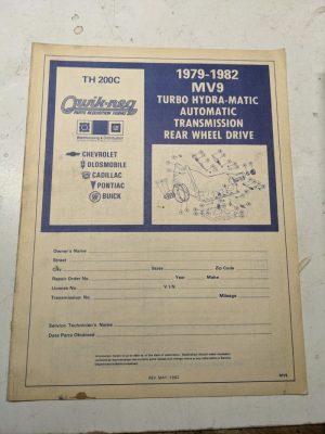 Quik-Req Illustrated Parts List Form Transmission 1979-1982 Mv9 Th 200C Turbo