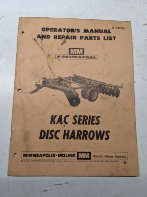 Minneapolis Moline Mm Operator Manual Repair Parts List Kac Disc Harrows S-383B
