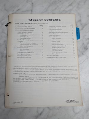 Ford Repair Service Manual Yard Tractors 15 Hp 09Gn 2151 1984