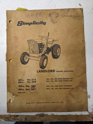 Simplicity Landlord Tractor 314 308 350 351 Operation Parts List Manual Book