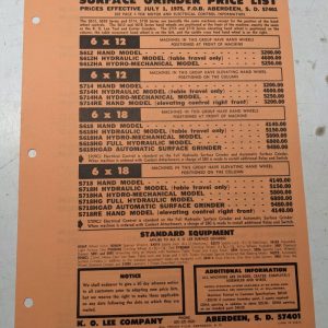 K O Lee Surface Grinder Product Price List Book Sales Brochure Catalog 1975