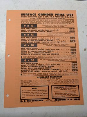 K O Lee Surface Grinder Product Price List Book Sales Brochure Catalog 1975