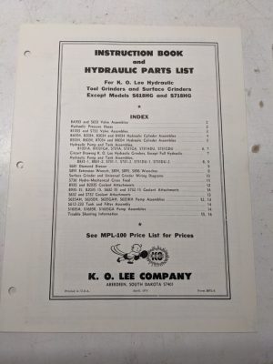 K O Lee Instruction Book Hydraulic Parts List Tool Grinders Surface 1974 Manual