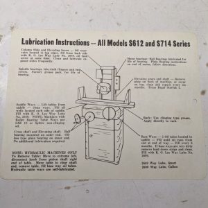 K O Lee Grinder S612 S714 Series Lubrication Instructions Floor Plan Layout Card