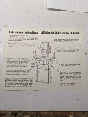K O Lee Grinder S612 S714 Series Lubrication Instructions Floor Plan Layout Card