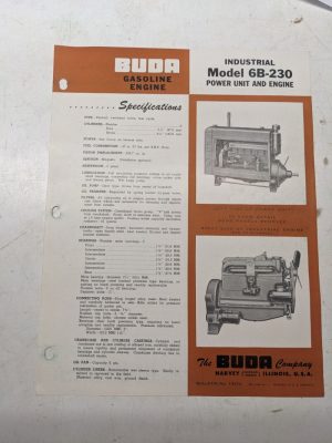 Buda Industrial Gasoline Power Unit Specifications Sales Engine 6B-230 1948