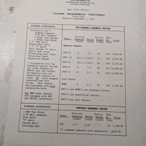 Clark Hardness Testers Rockwell Sales Price List 1993 Single Side Page