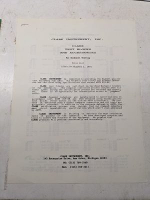Clark Hardness Testers Rockwell Sales Price List 1993 Test Blocks & Accessories