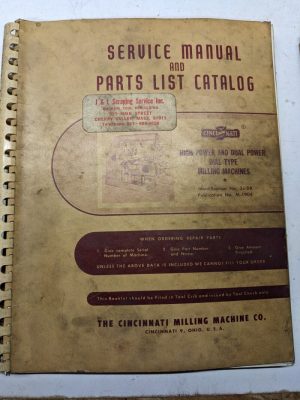 Cincinnati Milling Service Manual Parts List Catalog Book 3J-Dk 3 4 5 6 Od 1956