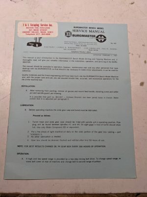 Burgmaster Service Manual Drilling Tapping Machine Bench Model 401 Parts List