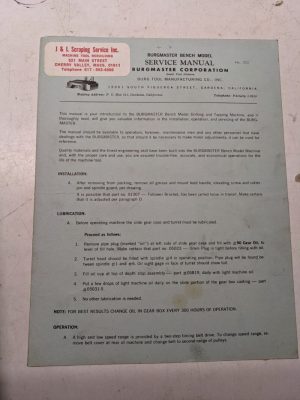 Burgmaster Service Manual Drilling Tapping Machine Model Bench 302 Parts List