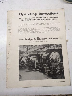 Lodge & Shipley Lathes Operating Instruction Manual 60” T-Lathe Power Feed
