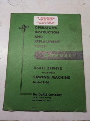 Do-All Band Machines Saw Operator Maintenance Manual Model Z-36 Zephyr Part List