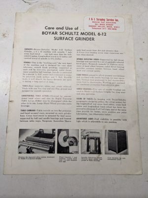 Boyar-Schultz Model 6-12 Surface Grinder Operator Maintenance Manual Parts List