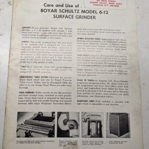 Boyar-Schultz Model 6-12 Surface Grinder Operator Maintenance Manual Parts Book