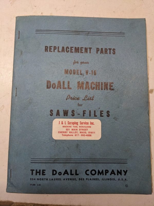 Doall Replacement Parts List Book Catalog Manual Model V-16 Price List ...
