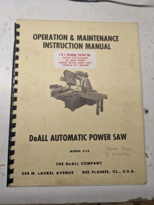 Doall Automatic Power Saw Operator Maintenance Manual Shop Book Model C-12