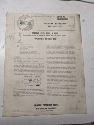 Dumore Super 10 Handgrinder Operating Instruction Parts List 8176 8202 8203