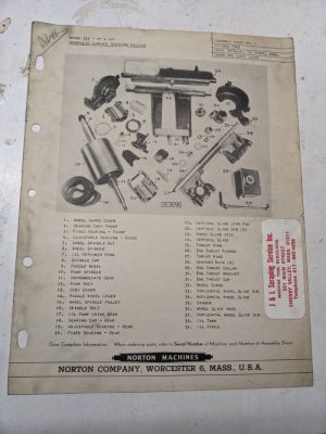 Norton Surface Grinder Macine Model 151 6X10” Assembly Sheet Parts List 1943