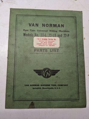 Van Norman Milling Machine Service Part List Catalog Manual Model 22-L Lu P 1942