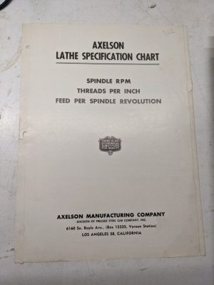 Axelson Lathe Specification Chart Rpm Tpi Feed Model B W D E F 4612A Shop Manual