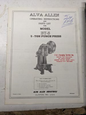 Alva Allen Operating Instruction Service Parts List Manual Model Bt-5 Ton Press