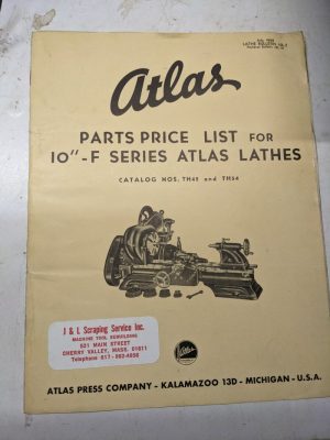 Atlas Service Parts Price List Manual 10” F Series Lathes Th42 Th54 1948