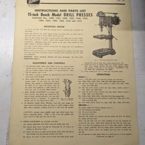 Atlas Instruction Operator Service Manual Parts List 1950 15” Bench Drill Press