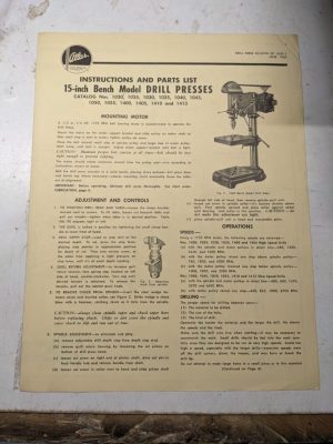 Atlas Instruction Operator Service Manual Parts List 1950 15” Bench Drill Press