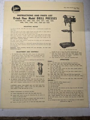 Atlas Instruction Operator Service Manual Parts List 1950 15” Floor Drill Press