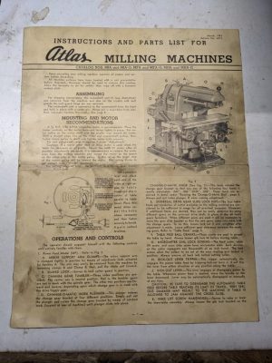 Atlas Instruction Operator Service Manual Parts List 1943 Milling Machine