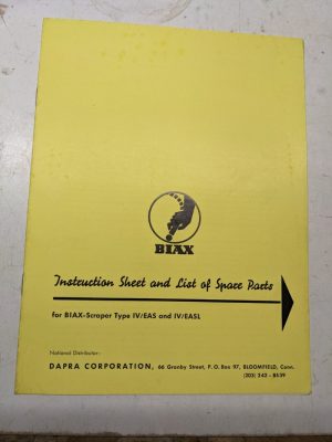 Biax Scraper Type Iv/Easl Instruction Sheet Service Parts List Book Manual 1964