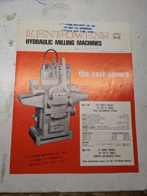 Kent Owens #1-14 #1-8 Hydraulic Milling Machine Sales Brochure Specifications