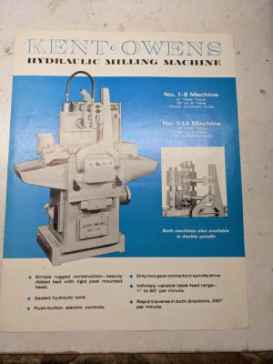 Kent Owens #1-14 #1-8 Hydraulic Milling Machine Sales Brochure Specification