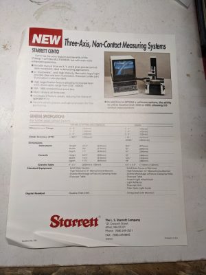 Starrett Cento Non-Contact Measuring Systems Sales Brochure Specifications