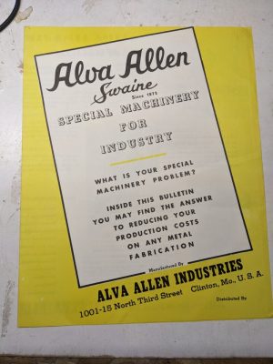 Alva Allen Swain Sales Brochure Catalog Features Machine 1964 Industrial Tools