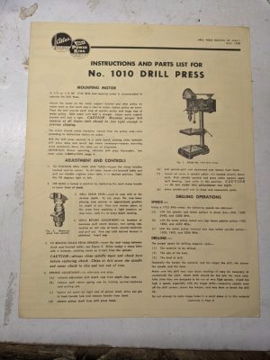 Atlas Instruction Operator Service Manual Parts List #1010 Drill Press 1950 Shop