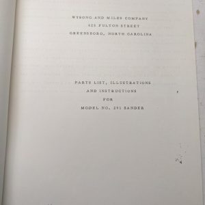 Wysong Miles Operator Instruction Service Parts List Book Manual #291 Sander