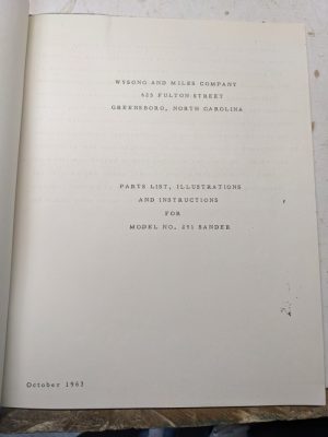 Wysong Miles Operator Instruction Service Parts List Book Manual #291 Sander