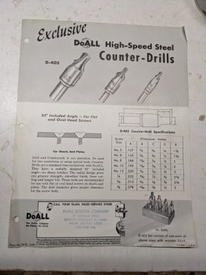 Doall High Speed Steel Counter Drills D-405 Sales Brochure Single Page Specs
