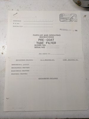 Hydromation Hydro-Vac Parts List Operator Service Manual Pre-Coat Tube Filter