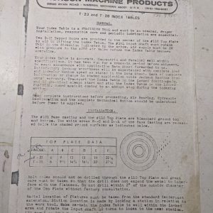 Jackson Machine T-23 T-28 Index Tables Operator Service Manual Parts List Copy