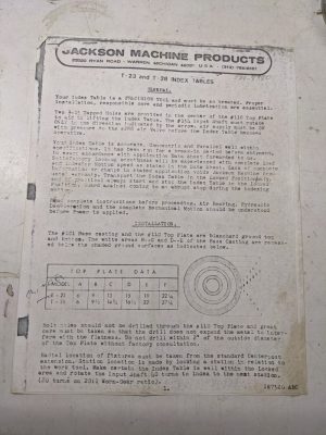 Jackson Machine T-23 T-28 Index Tables Operator Service Manual Parts List Copy