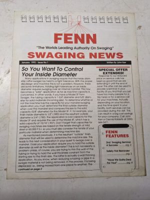 Fenn Swaging News Features Sales Brochure 1992 Machine Shop Tool Information