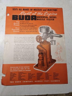 Buda Universal Diesel Nozzle Tester Sales Brochure Single Page Shop Tool
