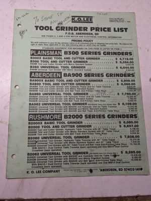 K.O. Lee Tool Grinder Price List 1986 Machine Gpl-85-1 Catalog Brochure Sales